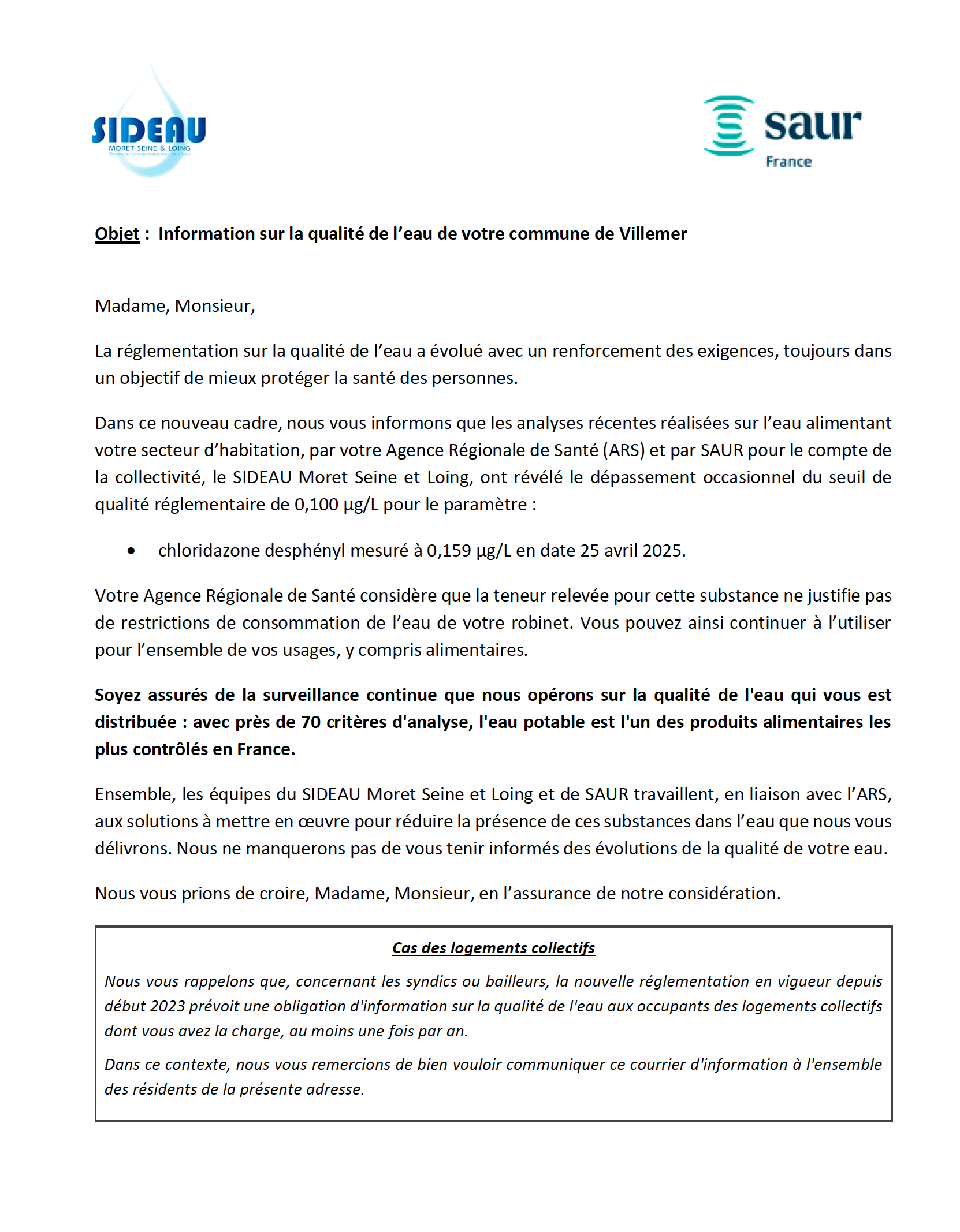 Information sur la qualité de l’eau de votre commune de Villemer